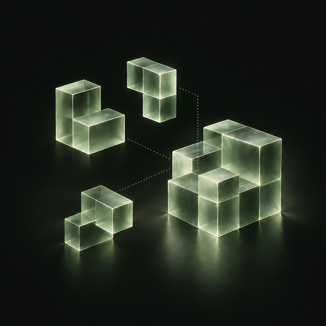 Translucent blocks connected by dotted paths, with separate pieces fitting into a larger structure.